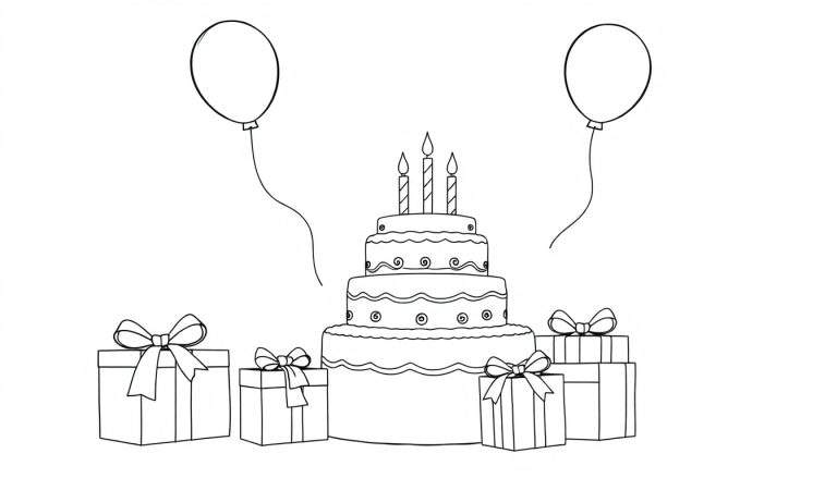 A black and white line art drawing of a birthday scene, a cake with candles, presents, and balloons, perfect for a color panel.
