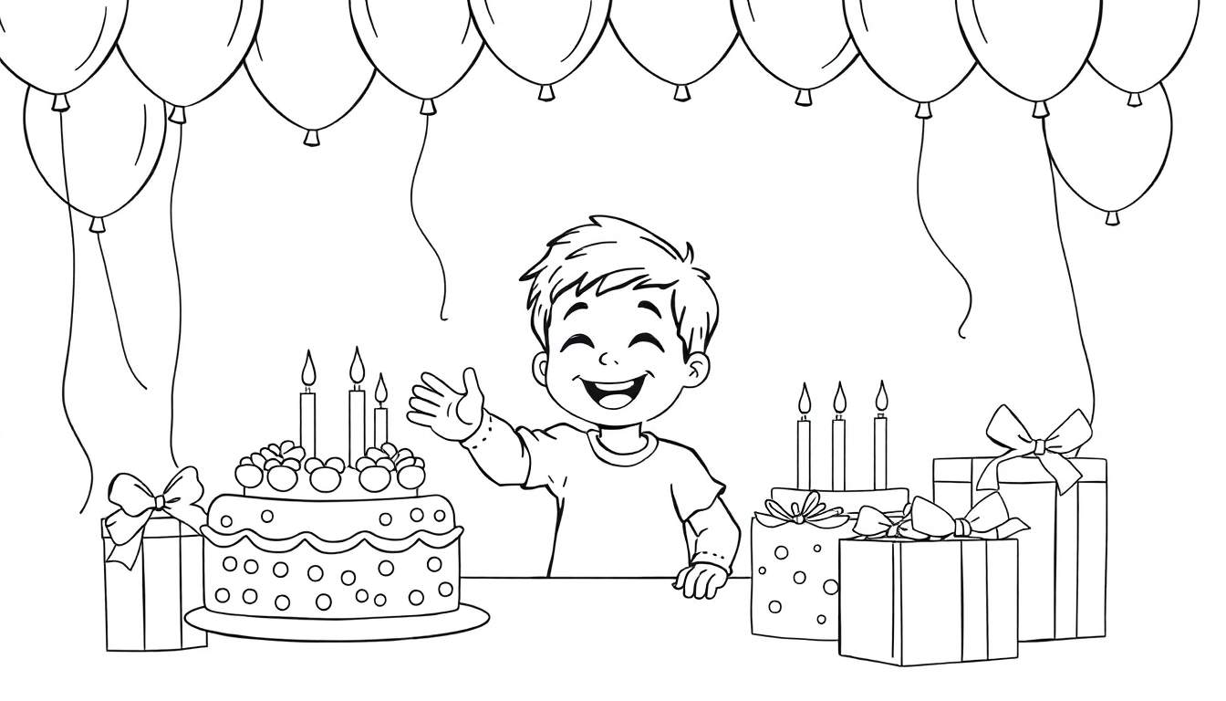 A black and white color panel of a happy boy waving at a birthday party, with balloons, cake, and presents.