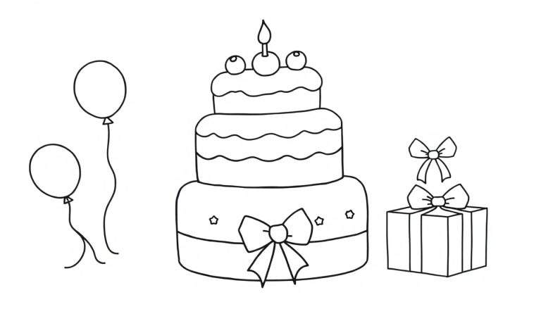 A black and white color panel showing a birthday cake with candles, balloons, and presents.