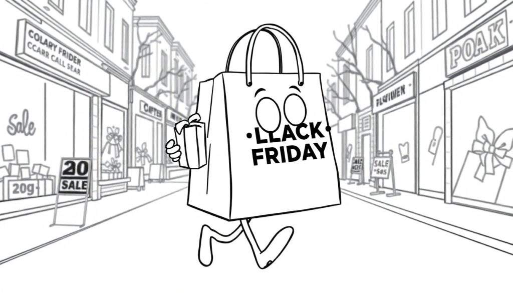 A cheerful black and white cartoon shopping bag with big eyes runs down a street with sale signs, carrying a gift box. This color panel is all about Black Friday fun!
