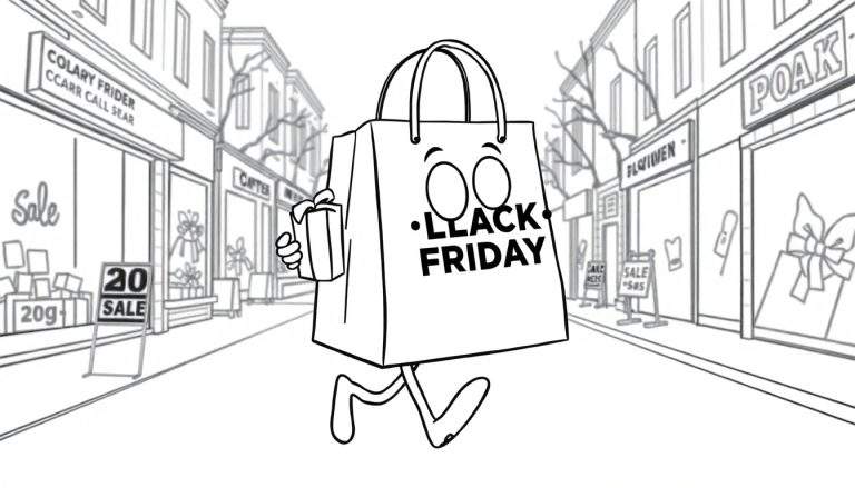 A cheerful black and white cartoon shopping bag with big eyes runs down a street with sale signs, carrying a gift box. This color panel is all about Black Friday fun!