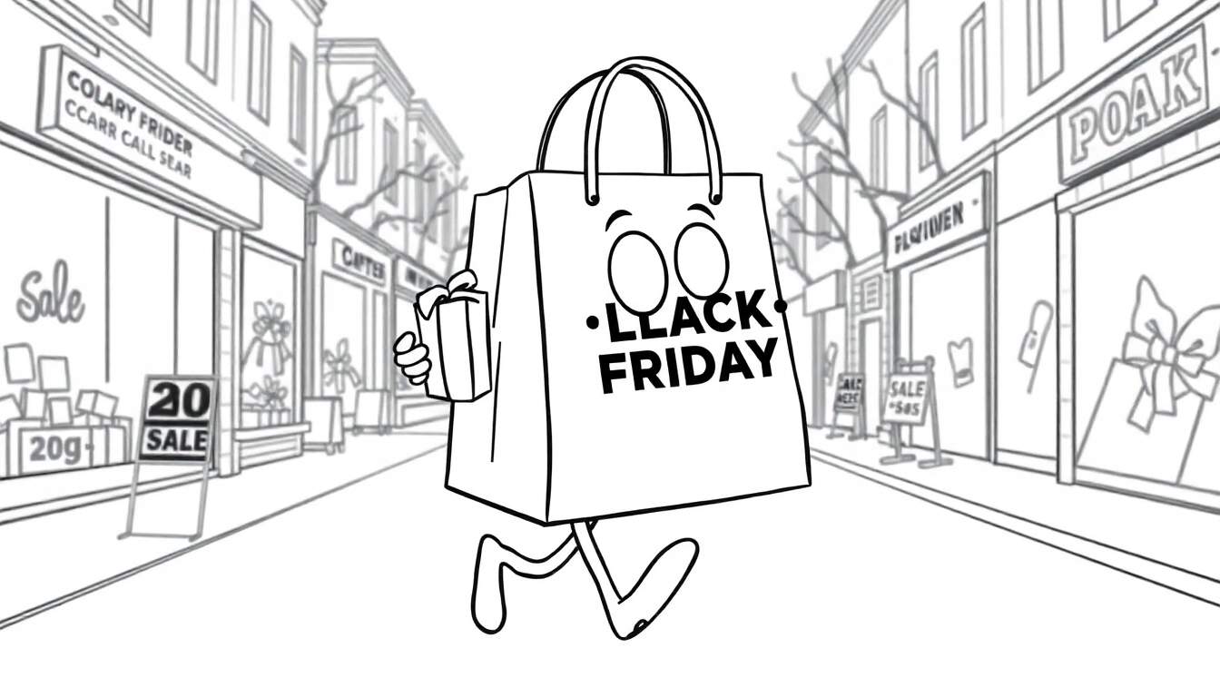 A cheerful black and white cartoon shopping bag with big eyes runs down a street with sale signs, carrying a gift box. This color panel is all about Black Friday fun!