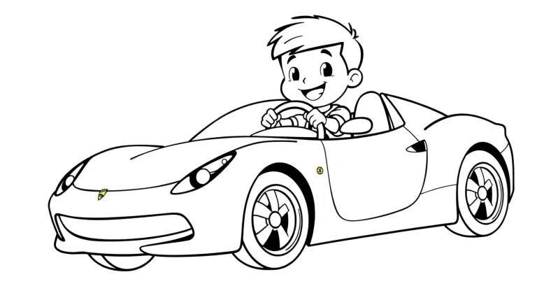 A happy boy in a black and white color panel drawing driving a sporty car.