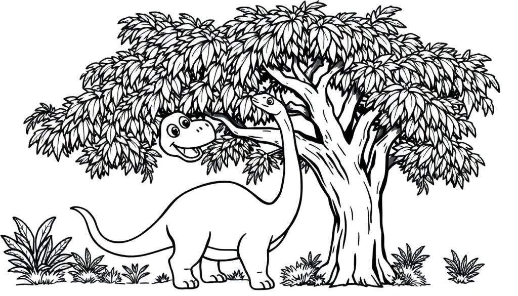 A friendly Brachiosaurus coloring panel munching on a tall tree.