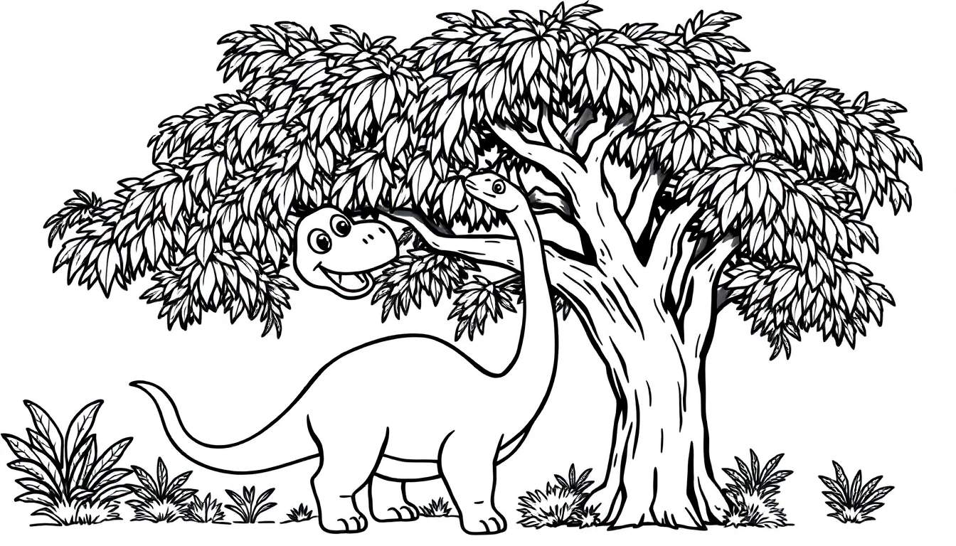 A friendly Brachiosaurus coloring panel munching on a tall tree.