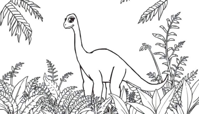 A cute Brachiosaurus in a jungle, ready for coloring, a fun color panel.