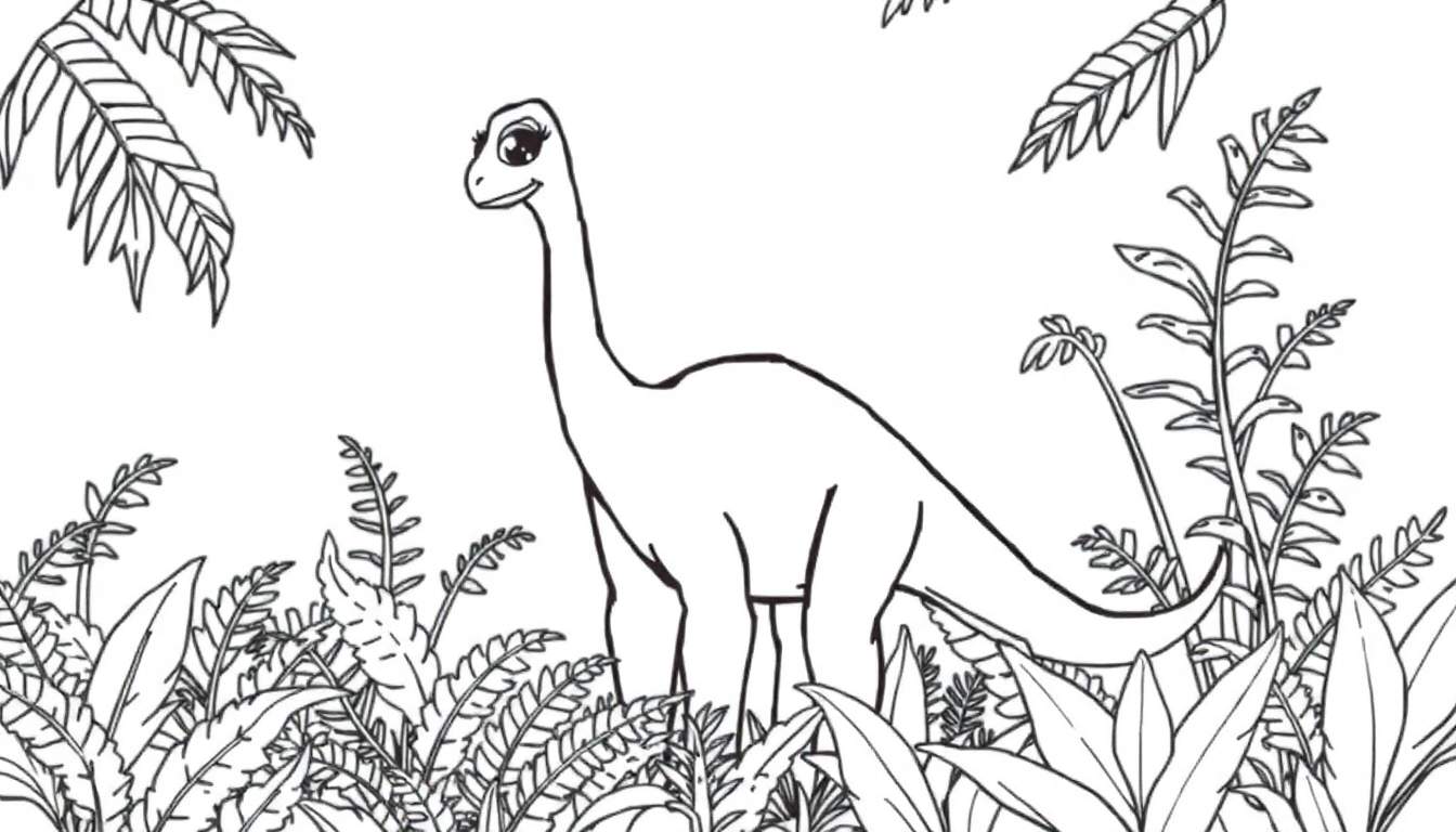 A cute Brachiosaurus in a jungle, ready for coloring, a fun color panel.
