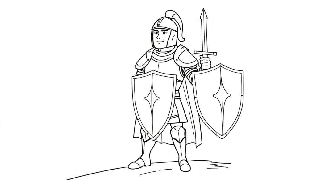 A brave knight in shining armor, ready for adventure on a coloring page. The color panel shows a knight with a raised sword and shield.