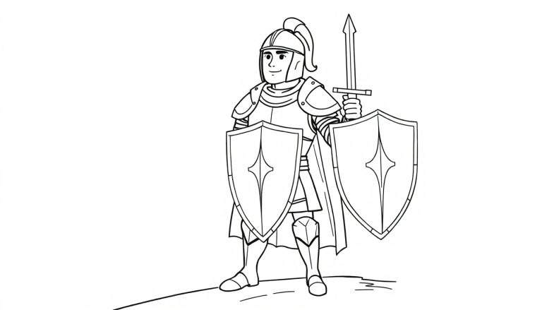 A brave knight in shining armor, ready for adventure on a coloring page. The color panel shows a knight with a raised sword and shield.