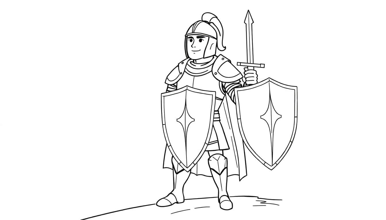 A brave knight in shining armor, ready for adventure on a coloring page. The color panel shows a knight with a raised sword and shield.