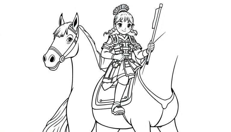 A brave young girl in armor on a horse, a black and white color panel.