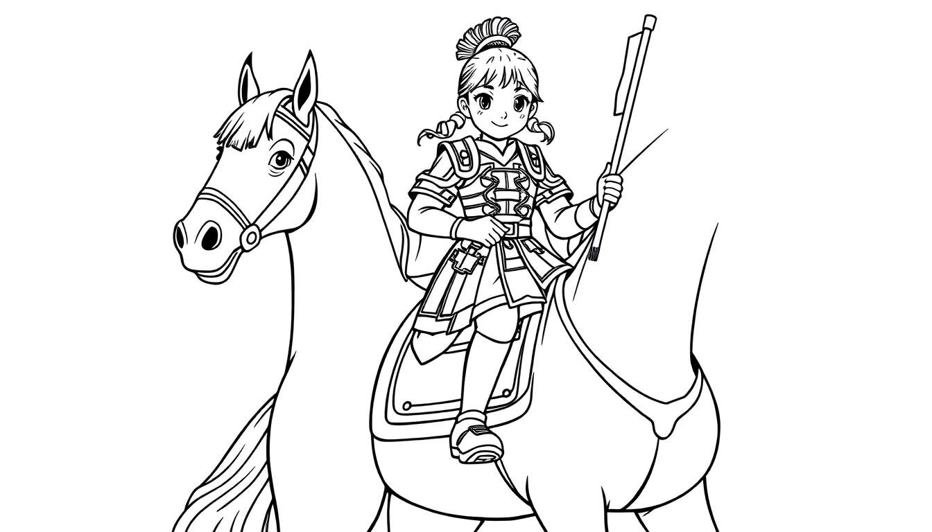 A brave young girl in armor on a horse, a black and white color panel.
