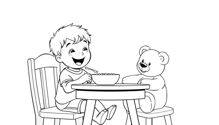 A cute black and white coloring page of a child happily eating breakfast with their teddy bear. Simple lines, no colors, a color panel for creativity.