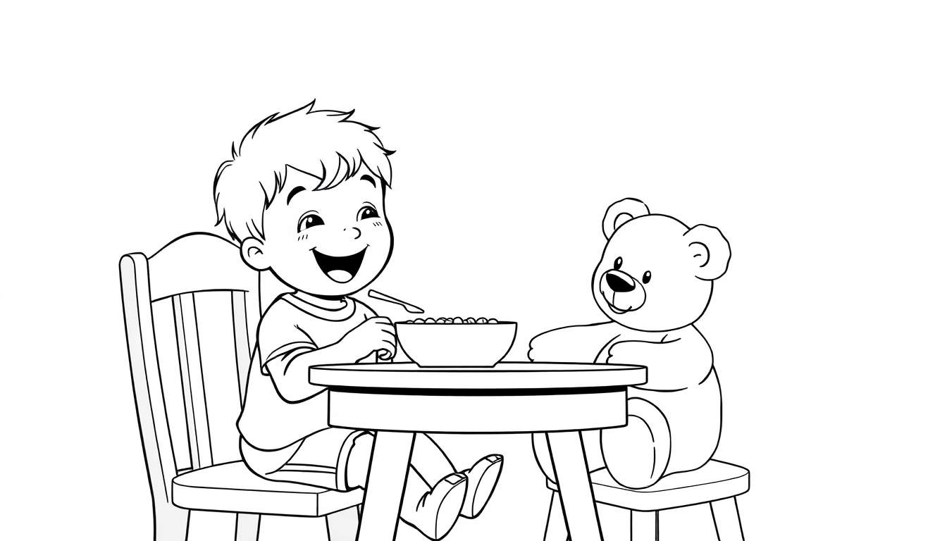A cute black and white coloring page of a child happily eating breakfast with their teddy bear. Simple lines, no colors, a color panel for creativity.