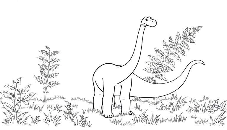 A black and white line drawing of a Brontosaurus as a coloring panel.