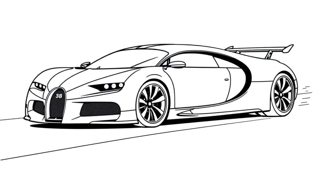 A black and white line drawing of a Bugatti Chiron sports car, a fun color panel for kids to fill in.