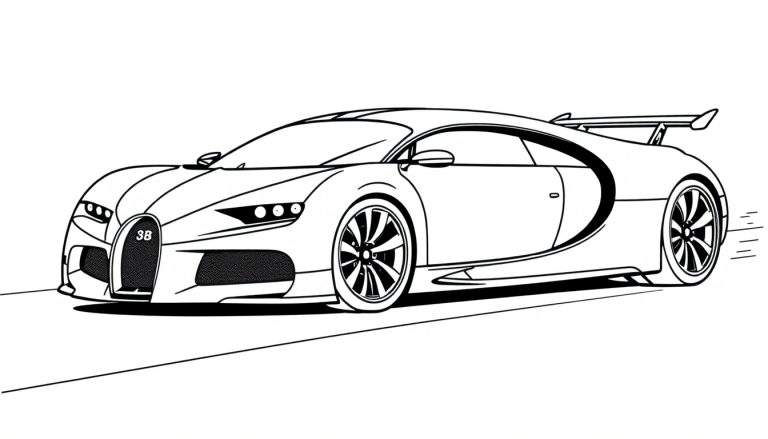 A black and white line drawing of a Bugatti Chiron sports car, a fun color panel for kids to fill in.