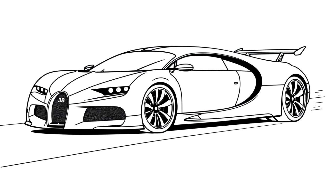 A black and white line drawing of a Bugatti Chiron sports car, a fun color panel for kids to fill in.