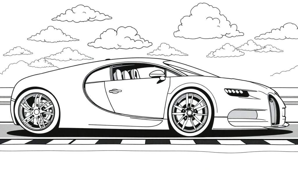 A black and white outline drawing of a Bugatti Chiron sports car on a checkered road, with cartoon clouds above, ready for coloring.