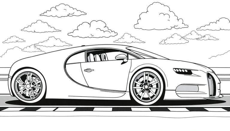 A black and white outline drawing of a Bugatti Chiron sports car on a checkered road, with cartoon clouds above, ready for coloring.