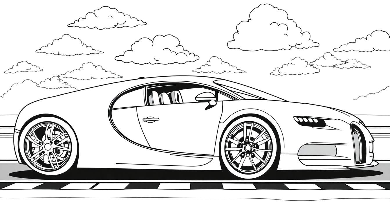 A black and white outline drawing of a Bugatti Chiron sports car on a checkered road, with cartoon clouds above, ready for coloring.