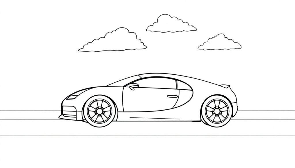A cute Bugatti car coloring page for kids, ready to be colored in this fun color panel.