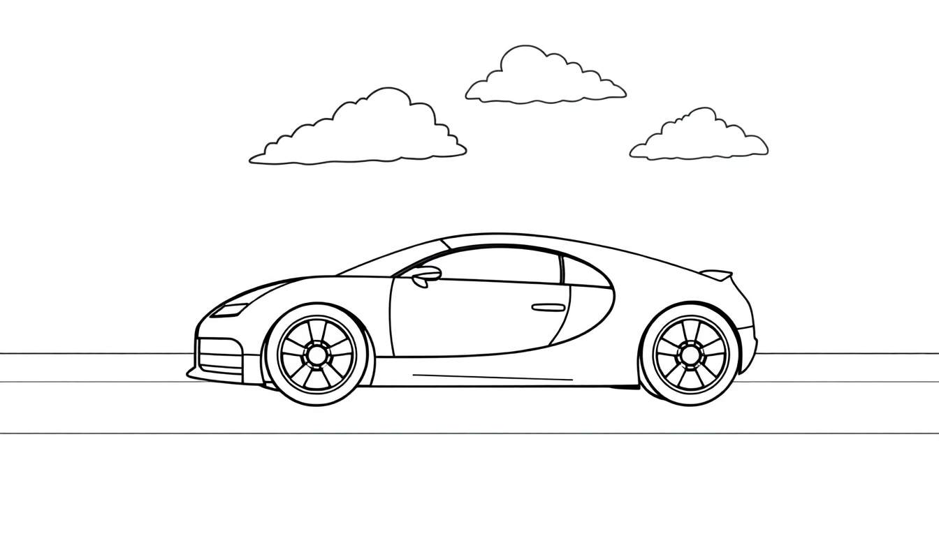A cute Bugatti car coloring page for kids, ready to be colored in this fun color panel.