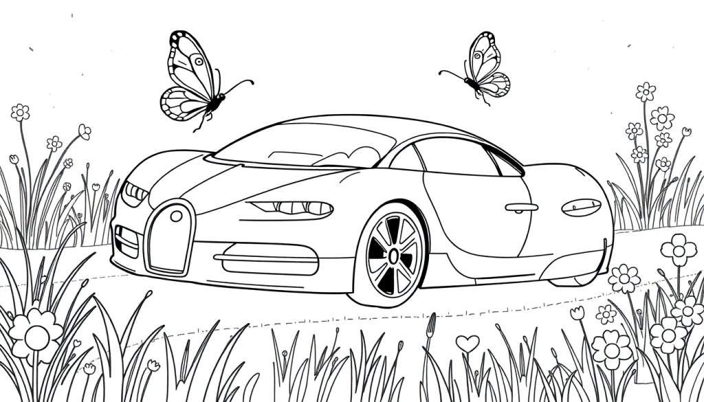 A black and white drawing of a Bugatti car in a meadow, ready for coloring, with butterflies and flowers, a delightful color panel for kids.