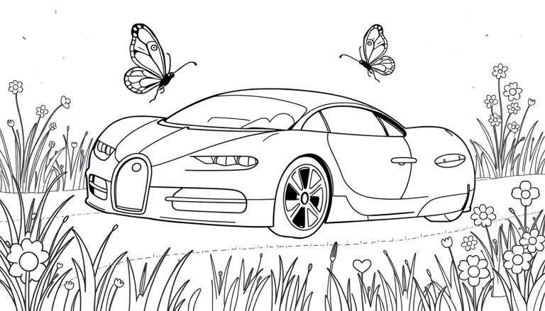 A black and white drawing of a Bugatti car in a meadow, ready for coloring, with butterflies and flowers, a delightful color panel for kids.