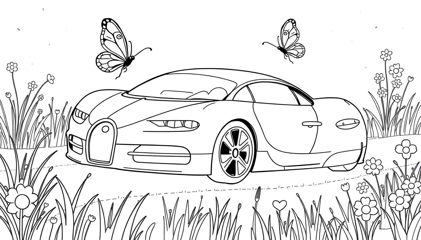 A black and white drawing of a Bugatti car in a meadow, ready for coloring, with butterflies and flowers, a delightful color panel for kids.