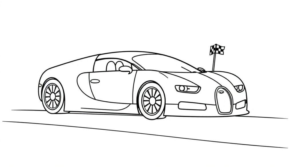 A cute little Bugatti race car ready for coloring, a black and white outline on a color panel.