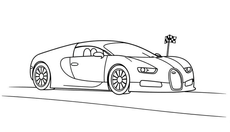 A cute little Bugatti race car ready for coloring, a black and white outline on a color panel.