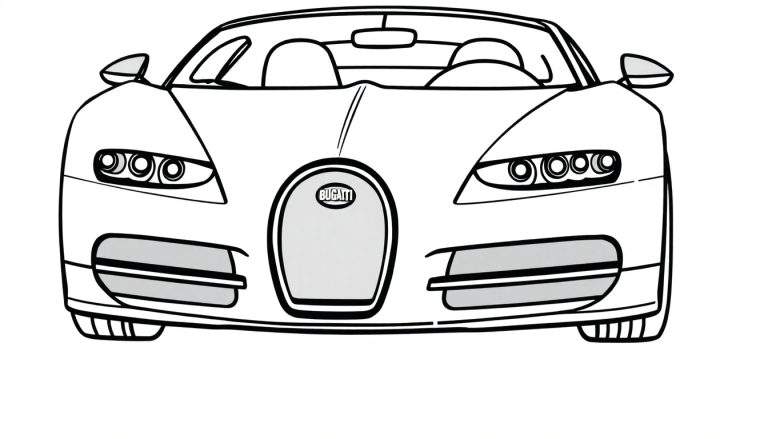 A black and white outline of a Bugatti Veyron, a super cool car, ready for you to color in this fun color panel!