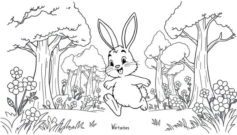 A cute bunny for coloring, hopping through a forest with trees and flowers.