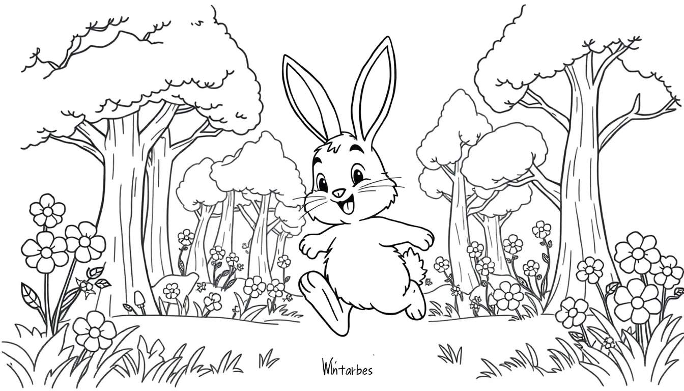 A cute bunny for coloring, hopping through a forest with trees and flowers.