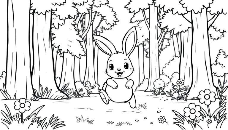 A cute bunny coloring page, hopping in a forest with trees and flowers, black and white outlines for coloring.