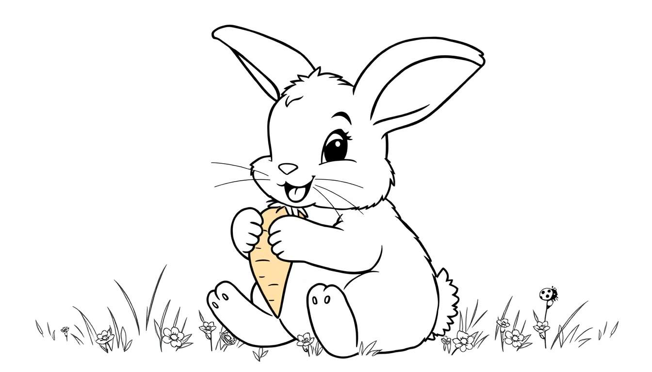 A cute black and white bunny holding a carrot, ready for coloring in this color panel.