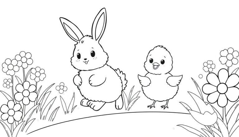 A black and white color panel of a cute bunny and a fluffy chick in a field of flowers.