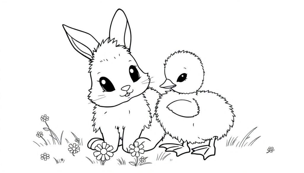 Black and white coloring page of a bunny and duckling in a meadow, a color panel for creativity.