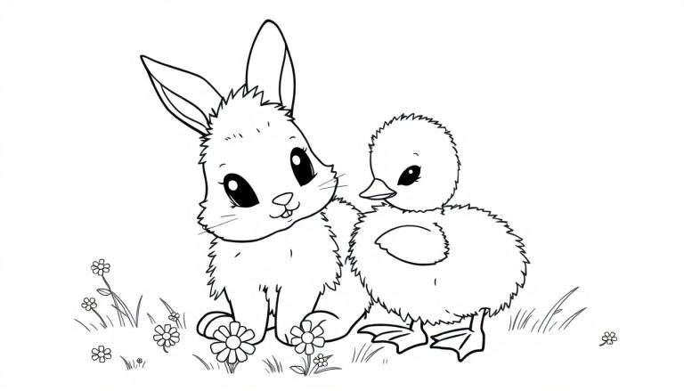 Black and white coloring page of a bunny and duckling in a meadow, a color panel for creativity.