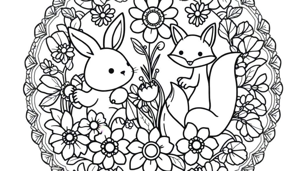 A cute mandala color panel featuring a bunny and a fox surrounded by flowers.