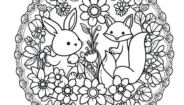 A cute mandala color panel featuring a bunny and a fox surrounded by flowers.