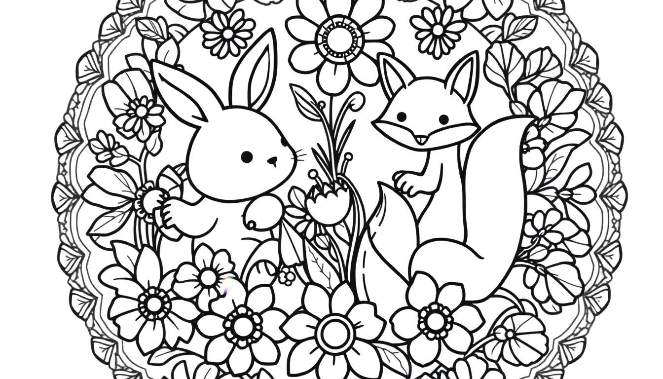 A cute mandala color panel featuring a bunny and a fox surrounded by flowers.