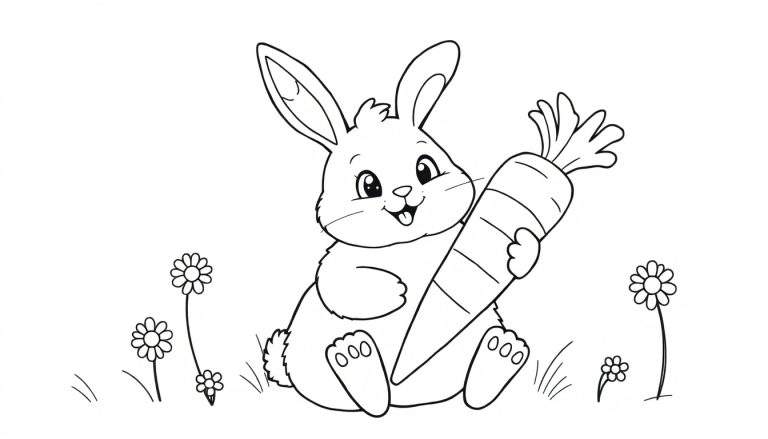 A cute bunny holding a giant carrot, a black and white outline for a color panel.