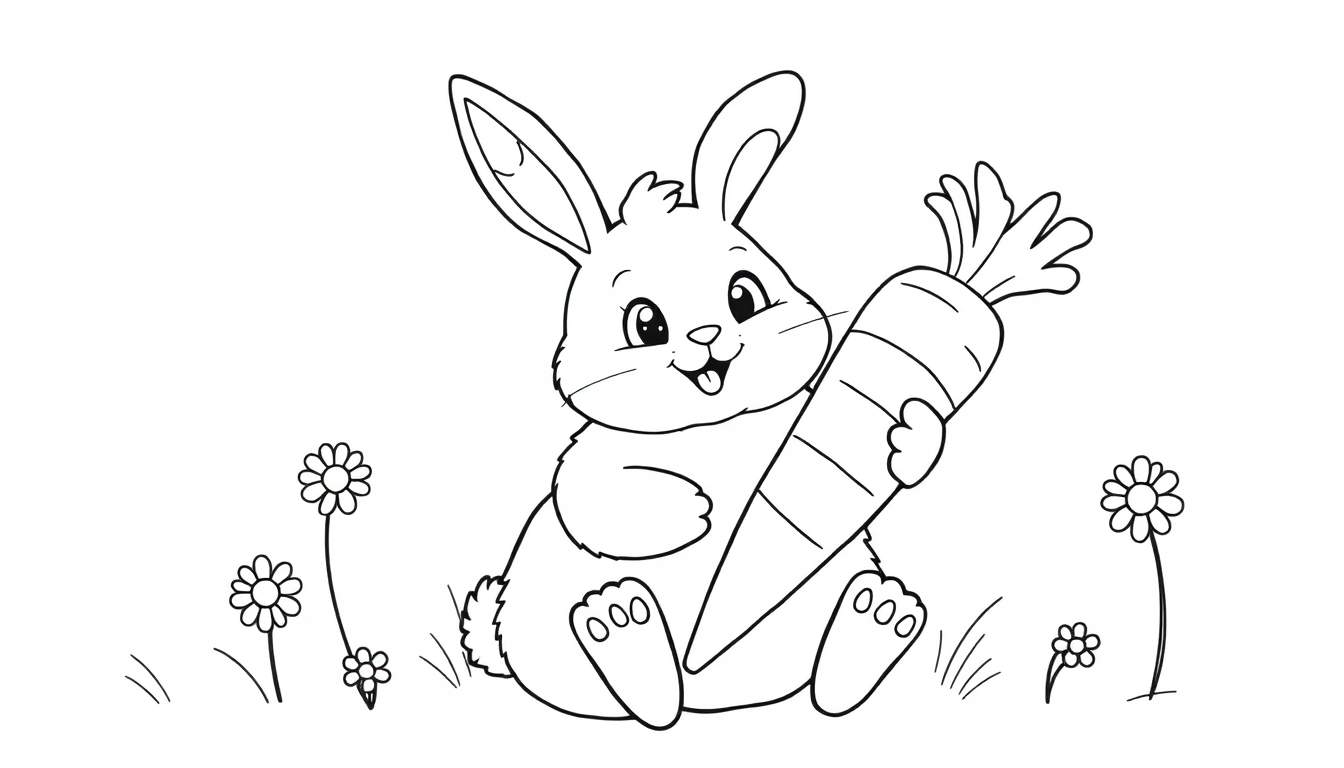 A cute bunny holding a giant carrot, a black and white outline for a color panel.