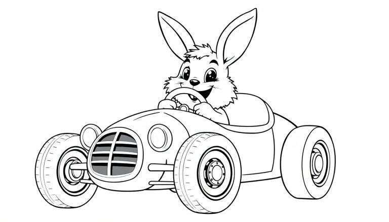 A happy bunny driving a race car, ready for a color panel adventure.