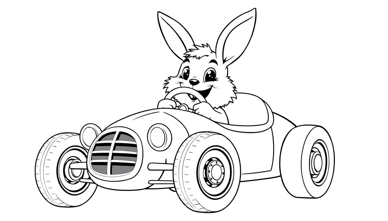 A happy bunny driving a race car, ready for a color panel adventure.