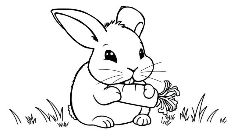 Cute bunny in a color panel, nibbling a carrot.