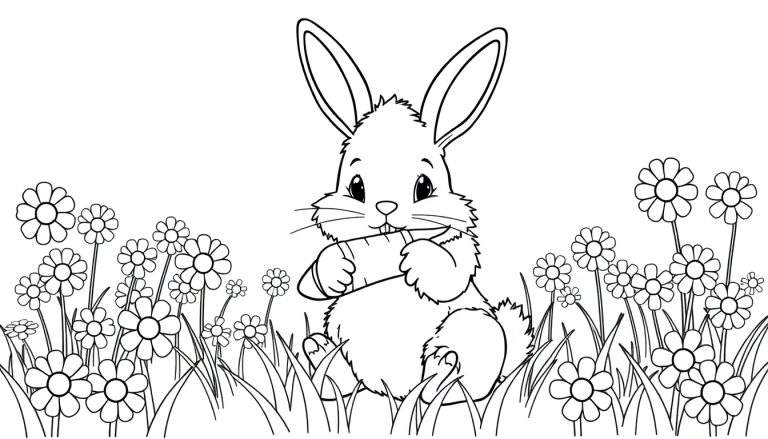 A fluffy bunny with big ears holding a carrot, like a coloring panel.