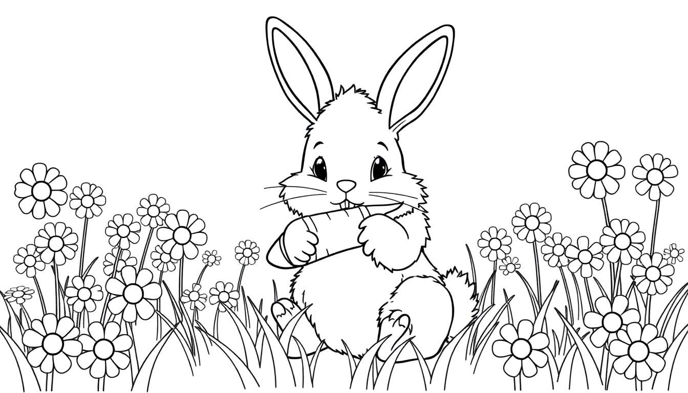 A fluffy bunny with big ears holding a carrot, like a coloring panel.